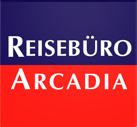 Reisebüro Arcadia Logo, blau-rotes Quadrat mit weißer Schrift