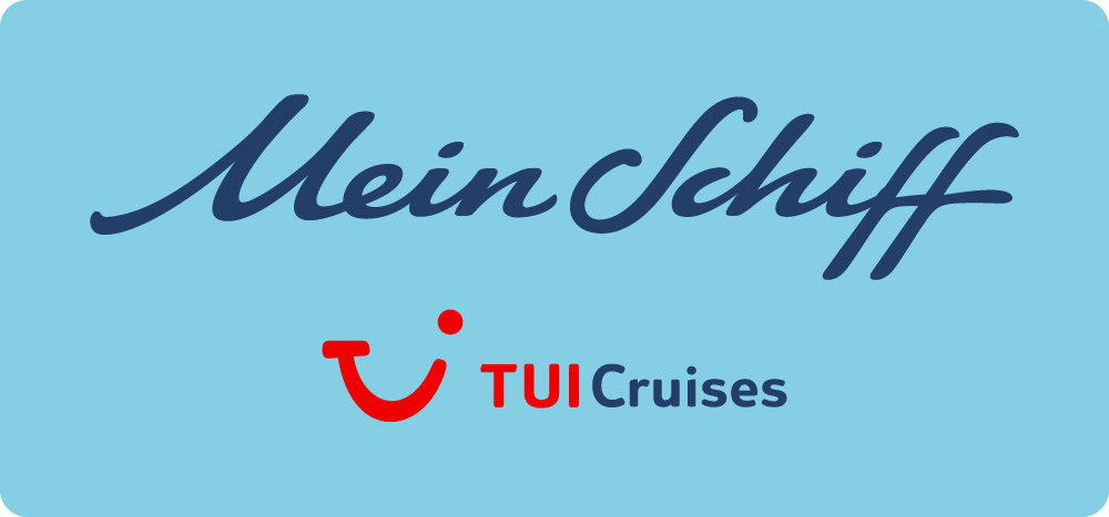 dunkelblaue Schrift auf hellblauem Hintergurnd "Mein Schiff Tui Cruises"