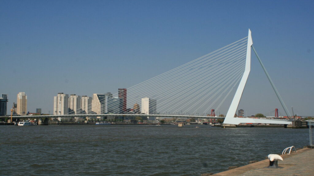 Blick auf die Erasmusbrücke mit der Skyline von Rotterdam im Hintergrund